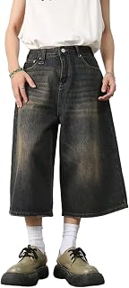 PADOLA Men's 3/4 Baggy Wide Leg Jeans Cropped Denim Wash Vintage Streetwear