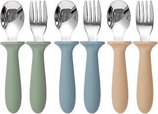 Eascrozn Toddler Utensils, 6 Pack Children Safe Forks and Spoons Set | kids Silverware Set with Silicone Handle, 18/8 Stainless Steel, BPA Free, Dishwasher Safe
