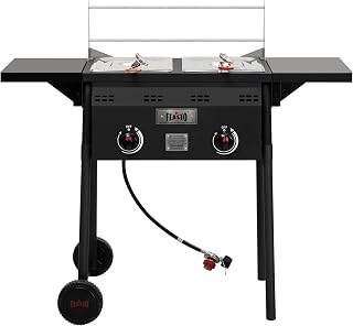 Feasto Outdoor Propane Deep Fryer with Rolling Cart, Dual Tank Fish Fryer | 2 Independent Burners, 100,000 BTU, 4-Gal Oil Capacity, Frying Station with Baskets for Fish, Fries & Chicken