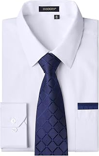HISDERN Men's Shirt Long Sleeve Plain Shirts with Tie and Handkerchief Formal Business Shirt Wedding Casual Shirt with Chest Pocket Regular Fit