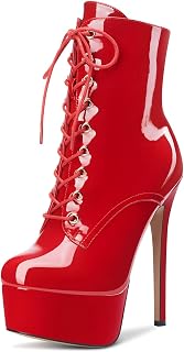 Aachcol Botas de tobillo para mujer, botines cortos, plataforma de estilete de tacón alto, zapatos de vestir con cordones de patente 6.5 pulgadas, Rojo, 39 EU