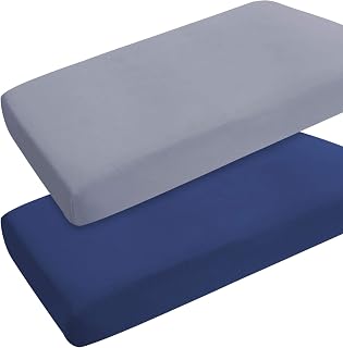 Pack and Play Sheets Boy Girl, 2 Pack Mini Crib Sheets, Grey &amp; Navy | Portable Playard Sheet Fits for Graco Pack N Play, Snug Fit, Breathable Soft Fitted Playpen Sheet