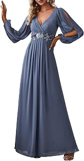 Ever-Pretty Women's Plus Size Long Prom Dress Deep V Neck A-Line Long Sleeve with Appliques EP00461