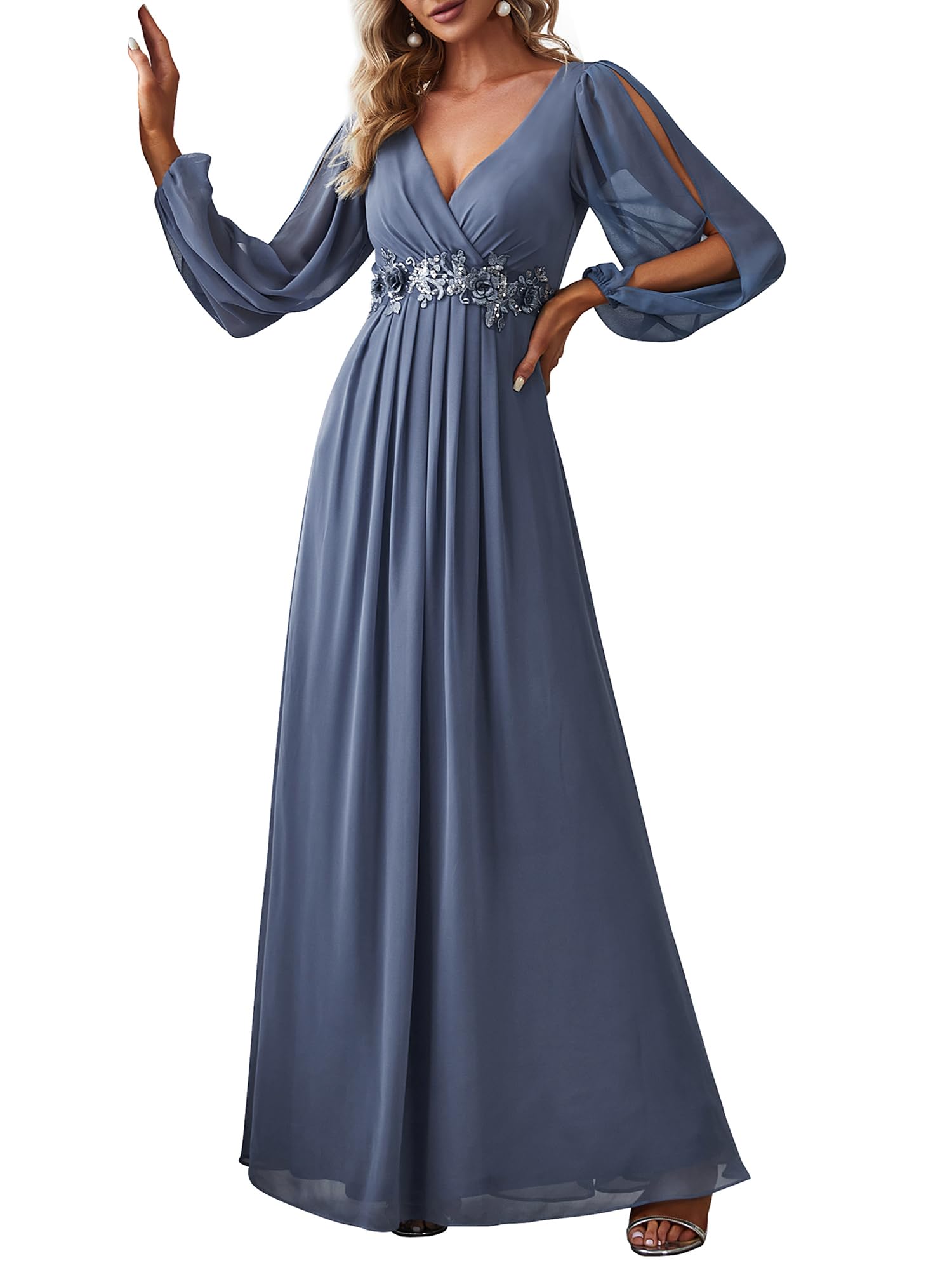 Ever-Pretty Women's Plus Size Long Prom Dress Deep V Neck A-Line Long Sleeve wit