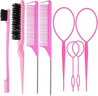 ZVOREI 8Pcs Hair Brushes Set wit, Pink 4Pcs Topsy Hair Tail Tools | , Bristle Teasing Hair Brush , Edge Control Brush , Metal Pin Rat Tail Combs for Woman Girl Hair Styling