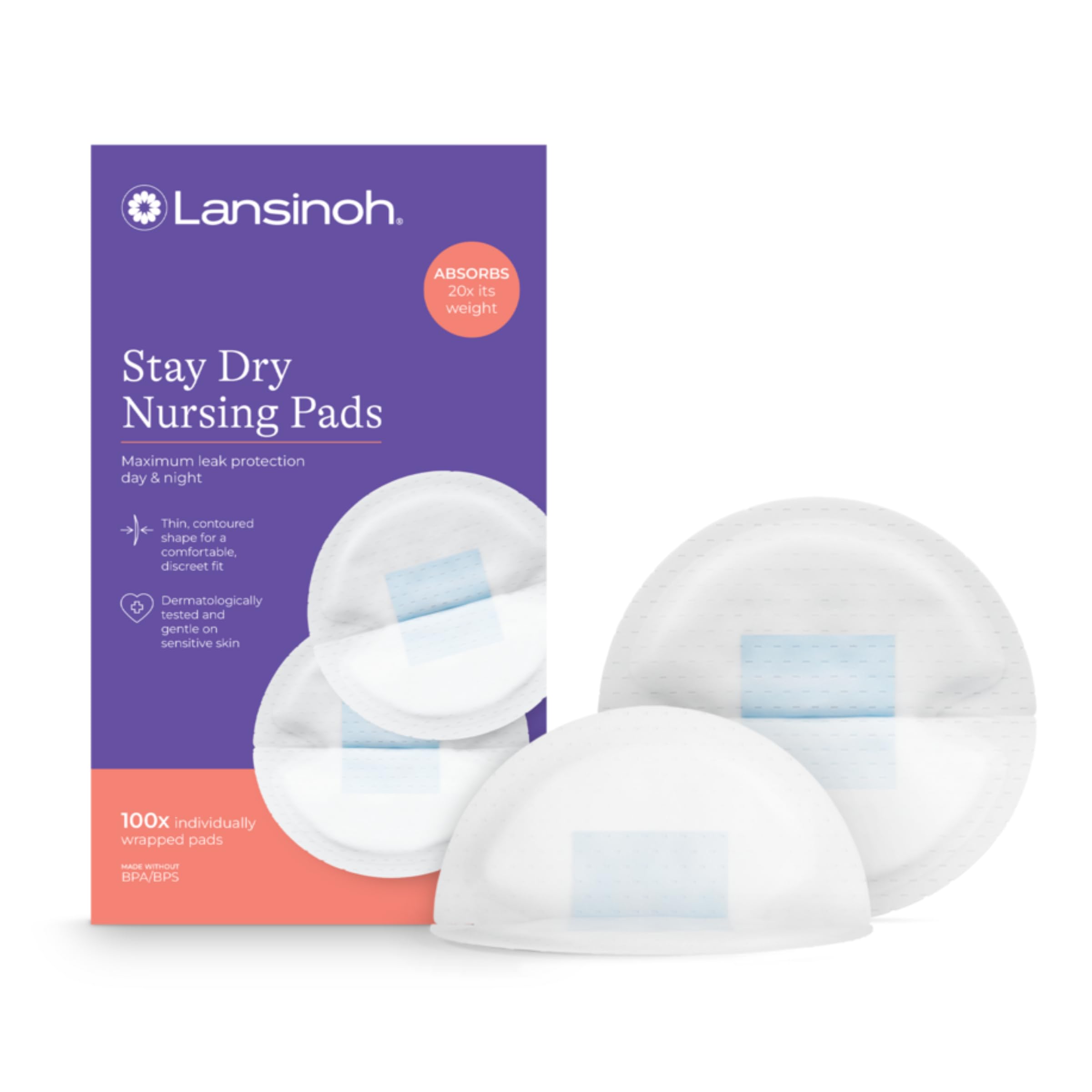 Lansinoh Stay Dry Disposable Nursing Pads, 100 Count | Soft, Super Absorbent, Br