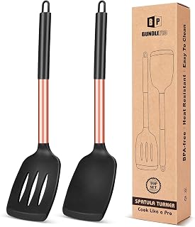 Pack of 2 Silicone Solid Turner,Non Stick Slotted Kitchen Spatulas,High Heat Resistant BPA Free Cooking Utensils,Ideal Cookware for Fish,Eggs,Pancakes (Rose Gold Black)