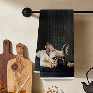 Cute French Bulldog Kitchen Towel, Absorbent Microfiber Decorative Cloth Tea Towel, Waffle Hand Towel for Kitchen Home Bathroom, Gift for Dog Lovers
