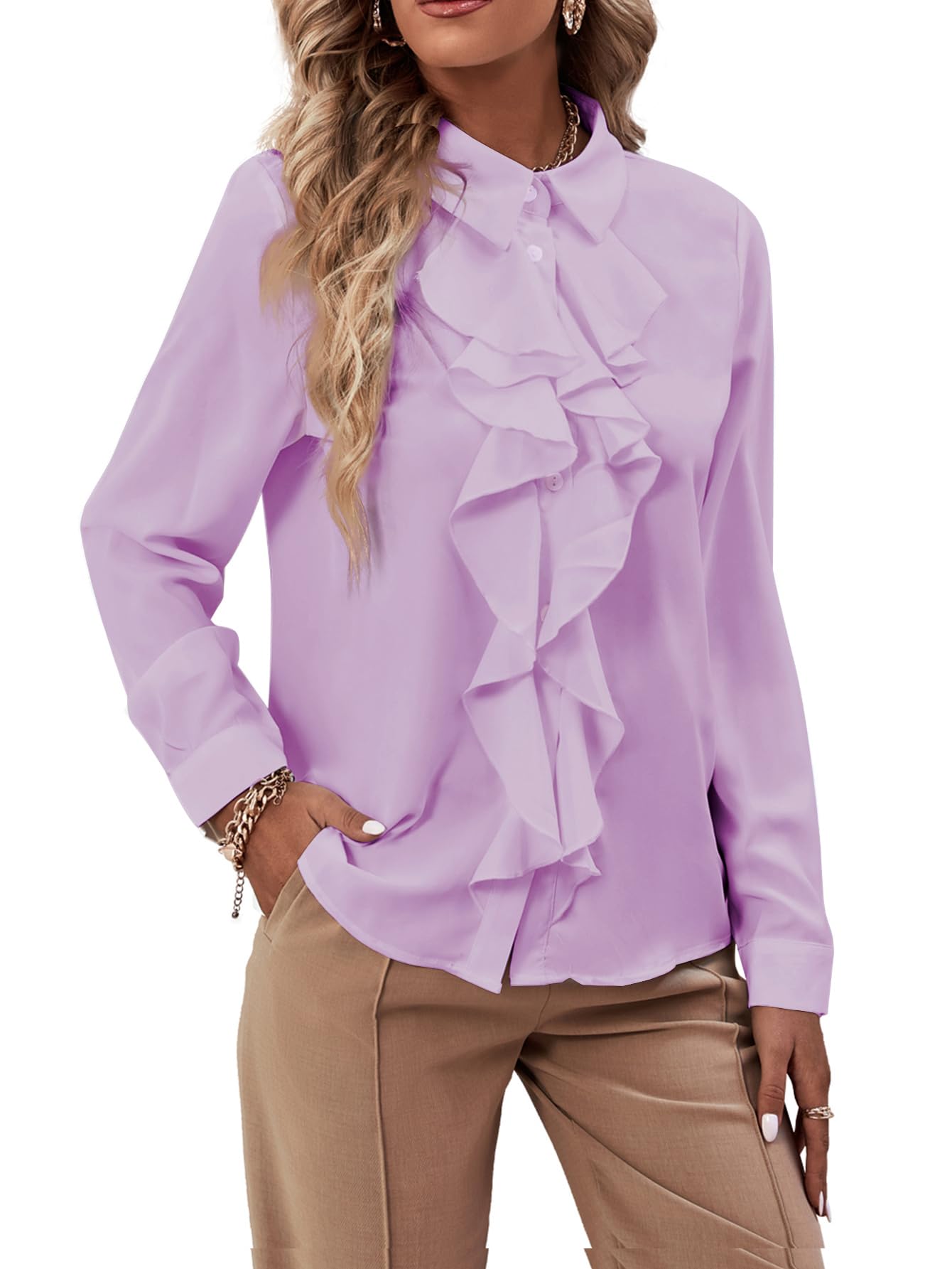 LYANER Women's Collared Neck Button Down Ruffle Long Sleeve Blouse