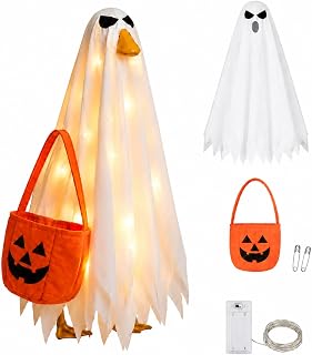 Halloween Porch Goose Outfit Ghost Costume with Pumpkin Bag and Light Decor | 23 inch Porch Goose Clothes, Halloween Decor, Outdoor Lawn Goose Accessories, 2 PCS