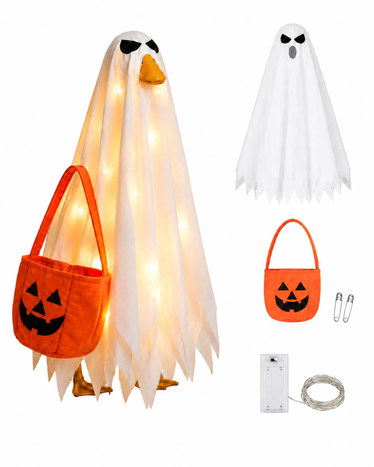 Halloween Porch Goose Outfit Ghost Costume with Pumpkin Bag and Light Decor | 23