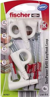 fischer EasyHook Loop 8, Set of 4 Eye Hooks and 4 DuoPower Dowels 8 x 40 mm, Quick and Easy Assembly Without Pliers on Wall, Drywall, Perforated Brick, Concrete, Wood, Ceiling, 557927