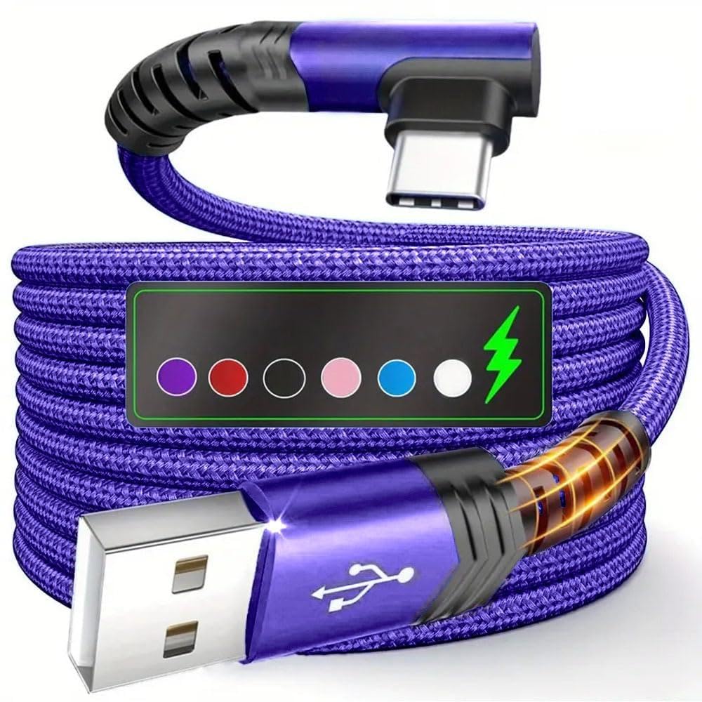 1M Right Angle USB to Type C Charging Cable - Braided Fast Charging Cable - Purp