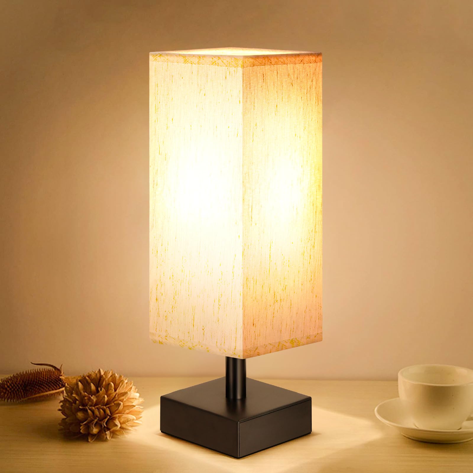 aooshine Small Bedside Table Lamp for Bedroom - Square Cream Fabric Shade | Inli