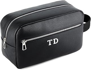 Personalised Initials Toiletry Bag, Custom Wash Bag With Strap, Tailored PU Leather. Customised Travel Gift For Men