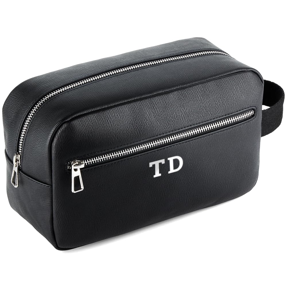 Personalised Initials Toiletry Bag, Custom Wash Bag With Strap, Tailored PU Leat