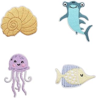 4 Pieces Beach Iron on Patches Jellyfish Whale Shark Ocean Fish Iron on Patches for Clothing Decoration