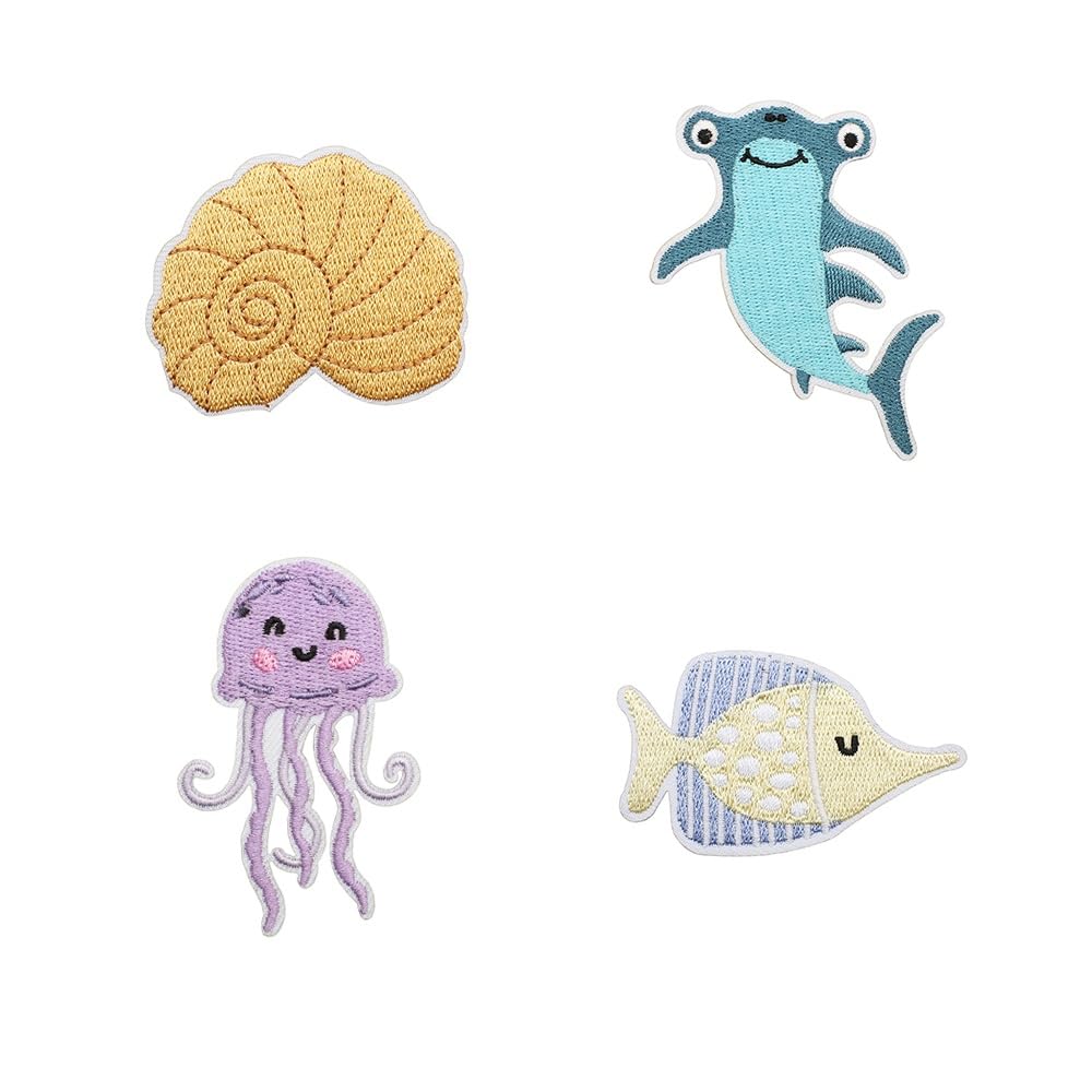 4 Pieces Beach Iron on Patches Jellyfish Whale Shark Ocean Fish Iron on Patches 