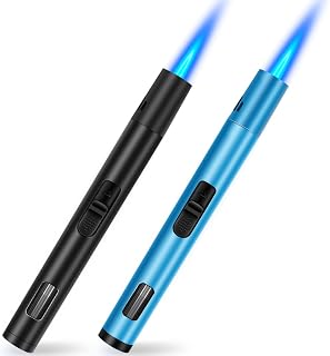 Butane Torch Lighter 2 Pack Pen Torch BBQ Lighter Refillable Gas Lighter Long Reach Windproof Lighters for Candle Barbeque Fireplace Grill Camping（Without Fuel）(Black&Blue)