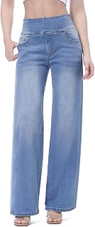 Pull on Wide Leg Jeans for Women, High Waisted Stretchy Baggy Trendy Tummy Control Straight Leg Jeans Denim Pants