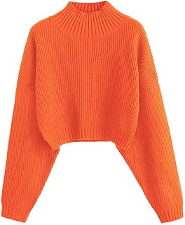 ZAFUL Women's Pullover Sweater Drop Shoulder Plain Knitted Cropped Sweater Pullover Solid Long Sleeve Cropped Tops