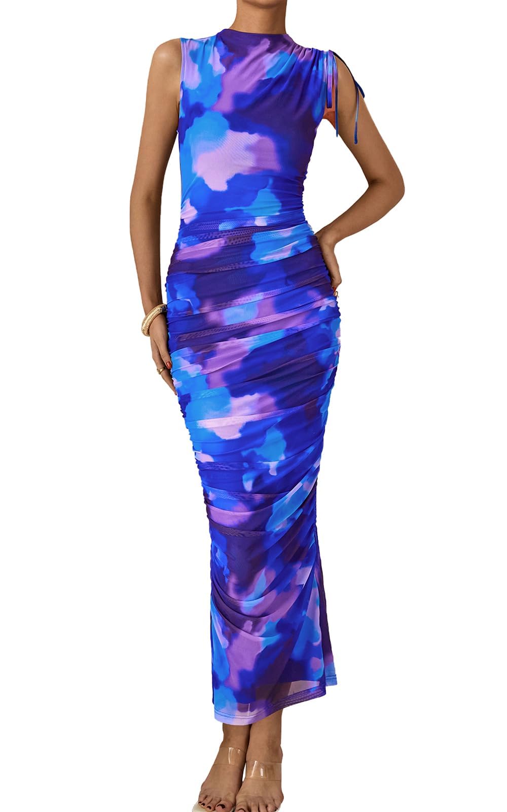PRETTYGARDEN Abito lungo estivo da donna, maxi, floreale, increspato, aderente, 