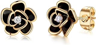 14K Gold Rose Flower Sterling Silver Stud Earrings For Women Dainty Rose Gold Pearl Earrings Hypoallergenic Earrings Cute Studs For Her Nickel Free