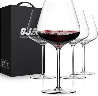 OJA Wine Glasses Set, Crystal Hand Blown Red Wine Glass Set of 4, 23 oz | Long Stem, Unique Large Design, Best for Wine tasting, Birthday, Christmas, Anniversary