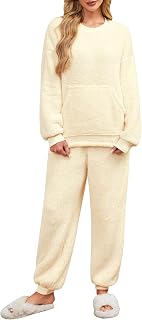 UMIPUBO Pyjamas Women Winter Fleece Set Super Soft Warm Long Pajamas Two Piece Sleep Clothes Long Sleeve Home Warm Pullover and Fleece Pants with Pocket