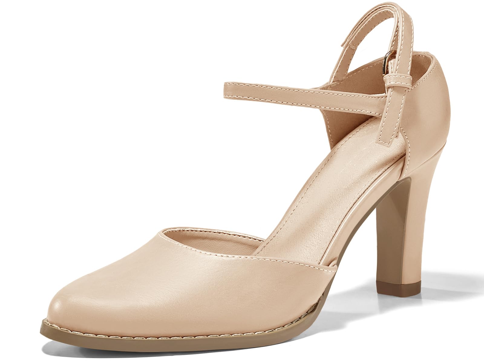 Coutgo Womens Chunky High Heels Closed Pointed Toe Ankle Strap Pumps Vintage D'O