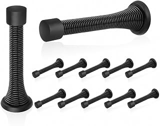 HOMOTEK 12 Pack Black Spring Door Stops,3-1/8" Heavy Duty - Flexible Door Stopper with Low Mounted Black Rubber Bumper Tips