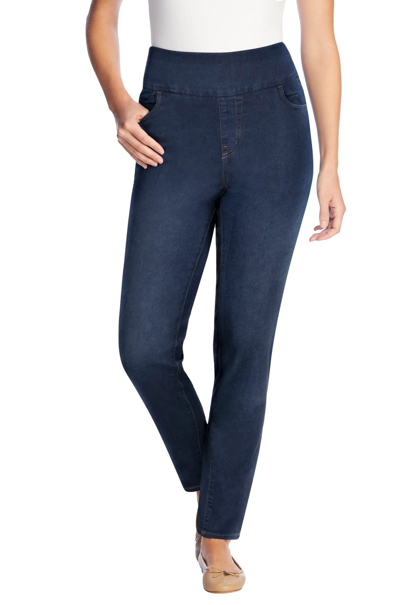 Woman Within Smooth Waist Pull-On Flex Fit Leg Denim Jeans
