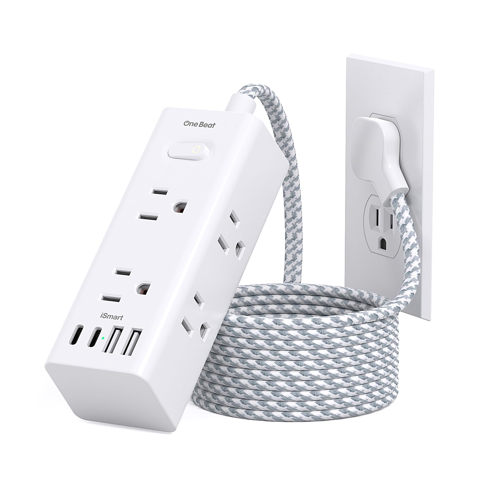 One Beat Surge Protector Power Strip, 5 Ft Flat Plug Extension Cord, 900J | 6 Ou