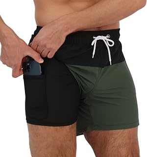 Arcweg Men's Swim Trunks Compression Lining 2 in 1 Quick Dry Short Liner Elastic Surf Shorts with Zipper Pockets