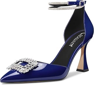 Castamere Women's High Block Chunky Heel Strappy Ankle Strap Diamond Crystal Pointed Toe Pumps 8.5CM Heels