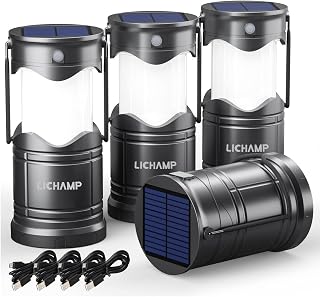 Lichamp 4-Pack Solar Camping Lantern, USB Rechargeable LED Lanterns Battery Powered Pop Up Flashlight Lamps with Three Modes Power for Power Outages Hurricane Supplies Emergency Indoor & Outdoor
