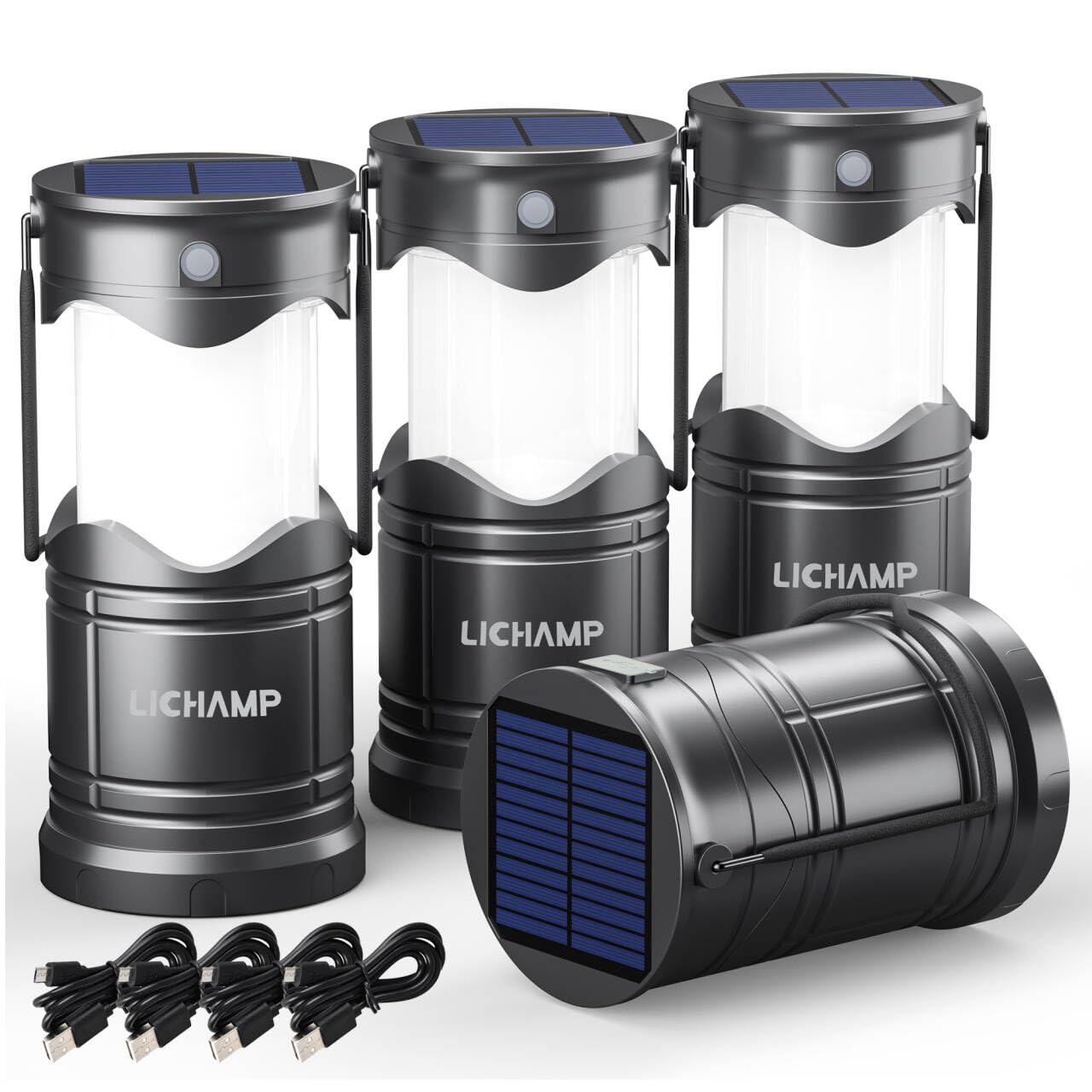 Lichamp 4-Pack Solar Camping Lantern, USB Rechargeable LED Lanterns Battery Powe
