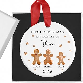 Personalised First Christmas as a Family of Three Bauble Ornament with Gift Box - Baby's 1st Xmas Keepsake - Gingerbread