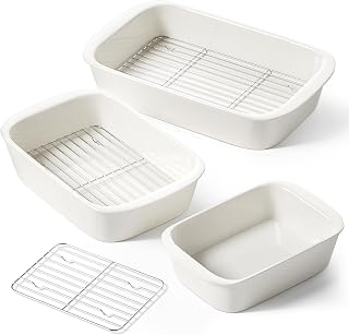 LE TAUCI Ceramic Casserole Dishes for Oven with 304 Racks, Set of 3, White | Rectangular Baking Dishes, 304 Stainless Racks, Oven Safe to 500°F (4.6/3.0/1.6 Qt, 15.7"/13.1"/10.3")