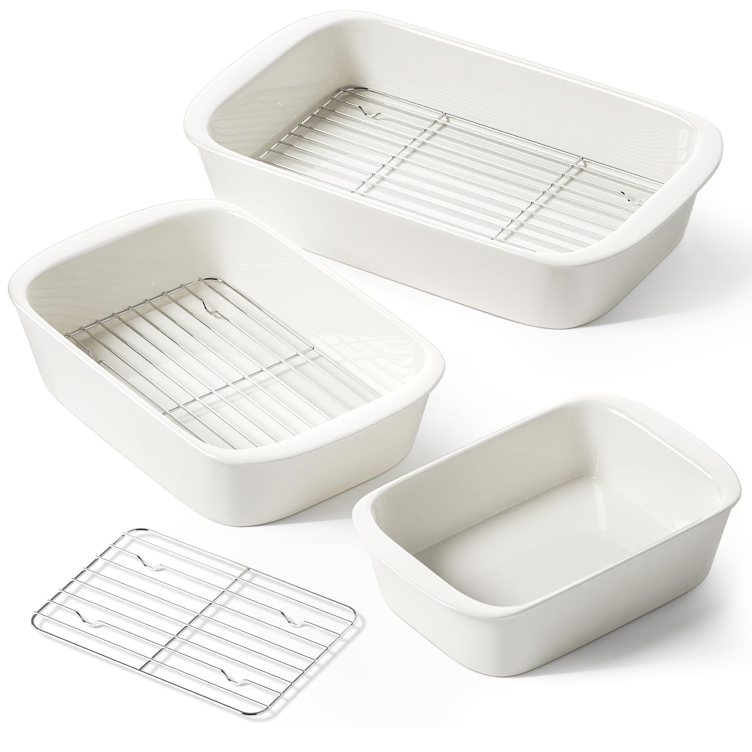 LE TAUCI Ceramic Casserole Dishes for Oven with 304 Racks, Set of 3, White | Rec