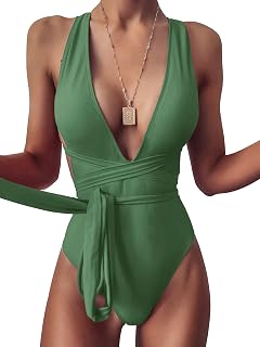 Lilosy Sexy Self Tie Criss Cross Plunge Backless High Cut Thong One Piece Swimsuit for Women Open Back Padded Cheeky Bathing Suit High Leg Bikini
