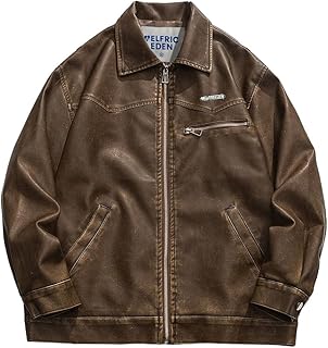 Aelfric Eden Chaqueta de cuero sintético vintage de gran tamaño, chaqueta de motociclista con cremallera, chaqueta de moda unisex