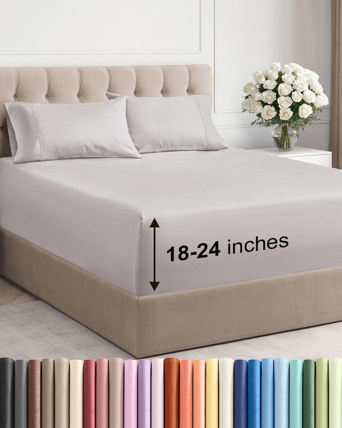 Extra Deep Queen Sheet Set - 4 Piece Breathable Cooling Sheets - Light Grey