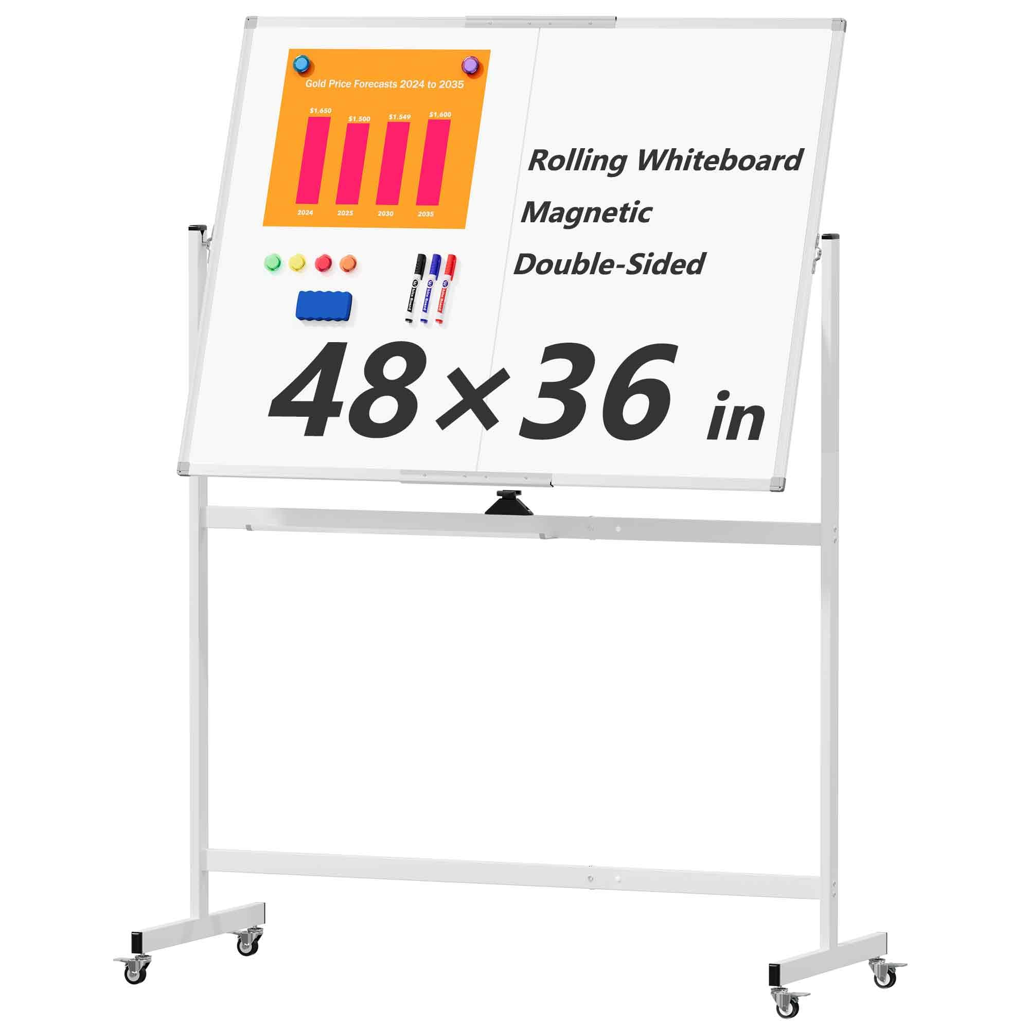 Large Rolling Whiteboard on Wheels, 48" x 36" Double-Sided Mobile White Board wi