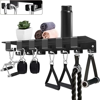 Double Row Hooks Floating Shelf Organizer Accessories Home Gym Weight Storage Equipment Hanger Metal Rack Wall Mount with T-Lock Adapters Bracket Black Workout Fitness