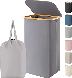 Lifewit 105L Laundry Basket with Lid, Foldable, Bamboo Handles, Grey