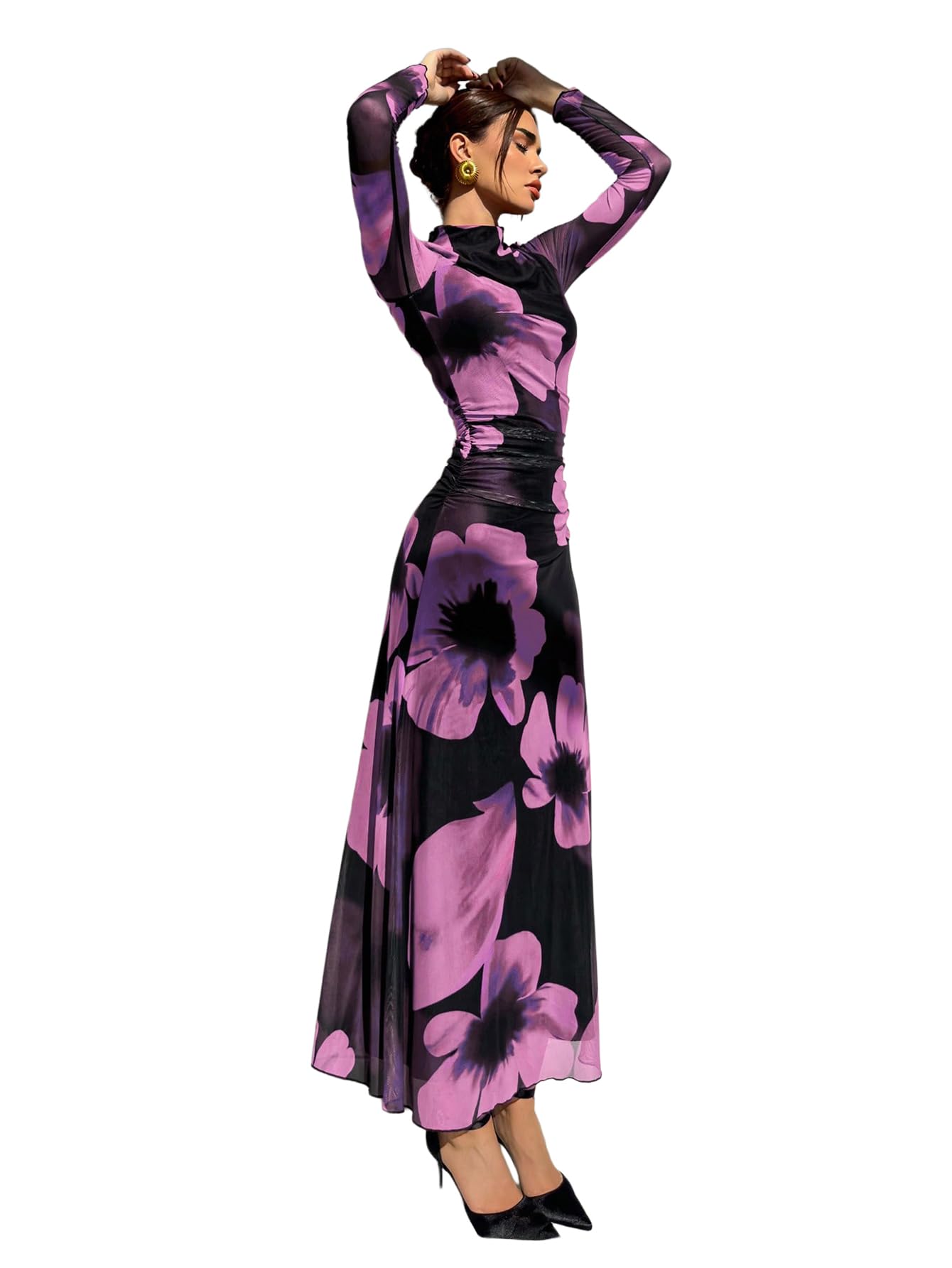 Verdusa Women's Floral Wedding Guest Dress Long Sleeve Mesh Maxi Dresses