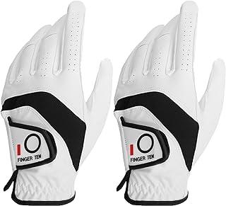 FINGER TEN Golf Gloves Men Left Right Hand 2 Pack | PU Leather for Soft Feel & Grip Control, All‑Weather Usability, Perforated Fingertips, Sizes S to 3XL Available