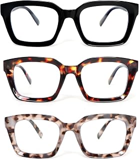 KoKoBin 3 Pack Oversized Reading Glasses for Women Square Blue Light Blocking Fashion Reader