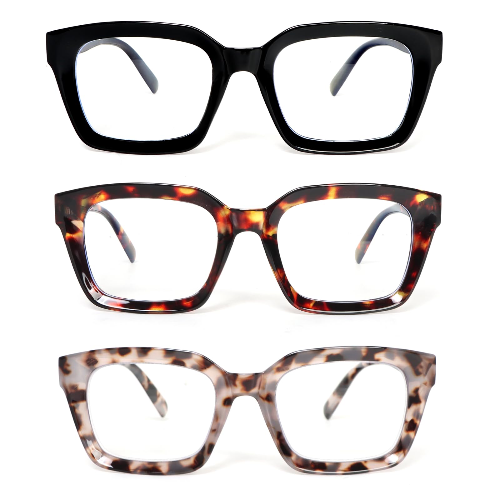KoKoBin 3 Pack Oversized Reading Glasses for Women Square Blue Light Blocking Fa